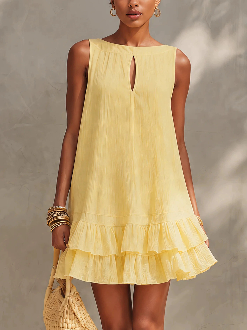 ZARA Light Yellow Textured Boatneck Cutout Ruffle Mini Dress